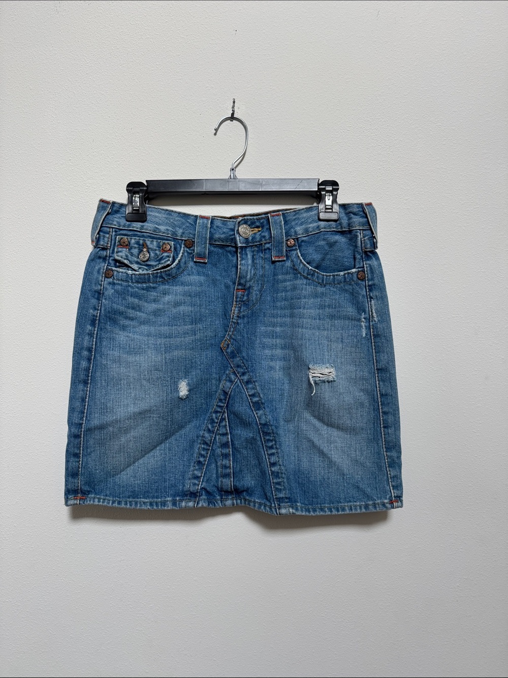 True Religion Blue Distressed Denim Mini Skirt